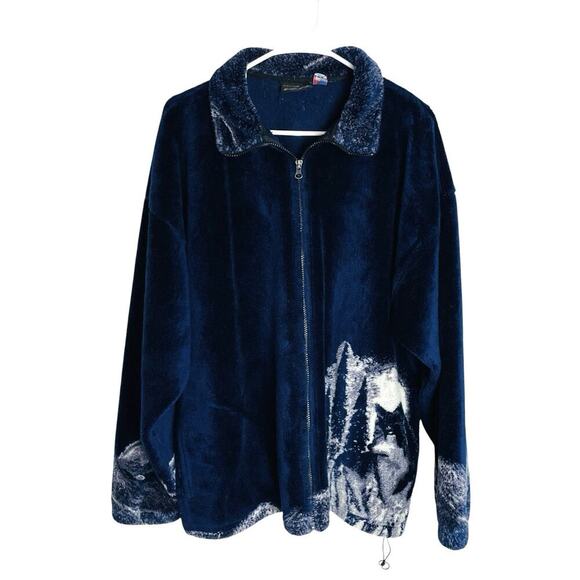 Vintage George Vine Wolf Jacket Mens XL Navy Sherpa Fleece Full Zip Made In USA - Picture 1 of 8